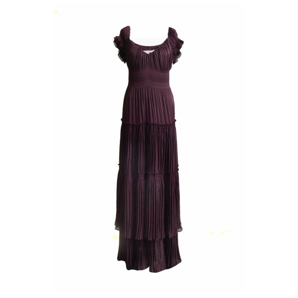 Diane Von Furstenberg Plum Pleated Ruffle Sleeves Satin Drop Waist Maxi Dress